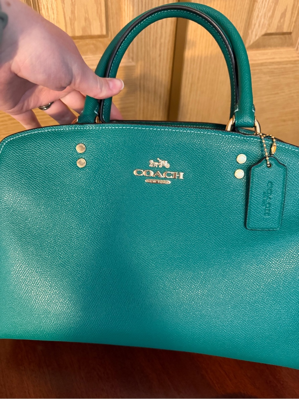 COACH Jade Green Leather Dome purse with Gold Hardware, and matching wallet.
